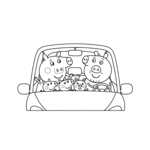 coloriage La famille Pig en voiture pour enfant de à imprimer