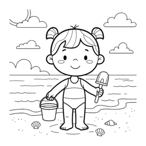 coloriage Adèle avec son seau et sa pelle à la plage pour enfant de 6 ans