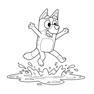 coloriage Bluey qui saute dans une flaque de boue pour enfants a imprimer