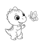 coloriage Un bébé dinosaure jouant avec un papillon d