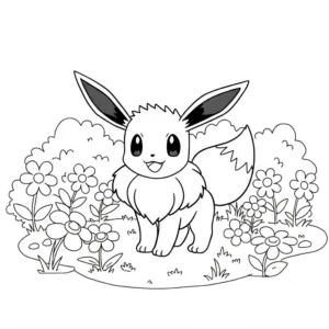 coloriage Eevee dans un jardin de fleurs pour enfant de 6 ans