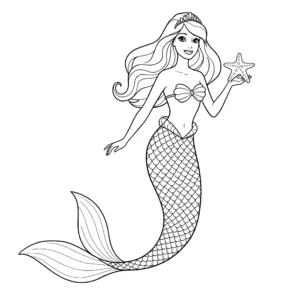 coloriage Barbie Sirène avec une étoile de mer pour enfant de 7 ans
