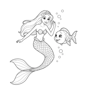 coloriage Barbie Sirène et son ami poisson pour enfant de 3 ans