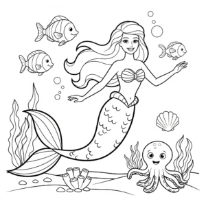 image de coloriage Barbie sirène sous l’océan pour enfant
