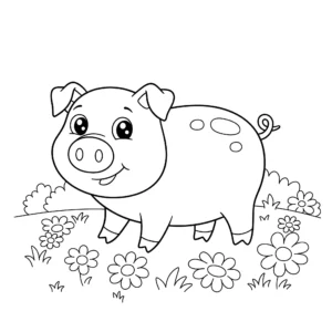 coloriage Cochon dans un champ de fleurs pour enfant de 5 ans