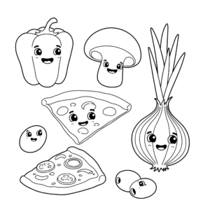 coloriage Des ingrédients de pizza rigolos pour enfants a imprimer gratuit