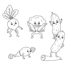 coloriage Des légumes qui font de l’exercice pour enfant de 4 ans