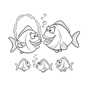 coloriage Famille de poissons rigolos et apprentissage
