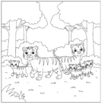 coloriage Famille de tigres marchant dans une forêt à imprimer gratuitement