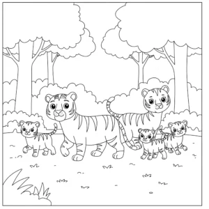coloriage Famille de tigres marchant dans une forêt à imprimer gratuitement