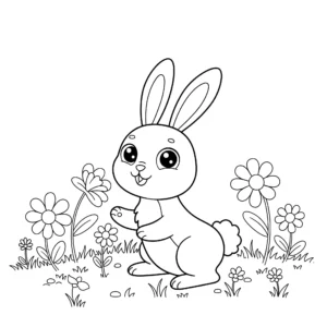 coloriage Lapin dans un champ de fleurs à imprimer pour enfant de 4 ans