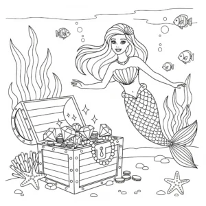 coloriage Le coffre au trésor de Barbie sirène à imprimer pour enfant de 7 ans
