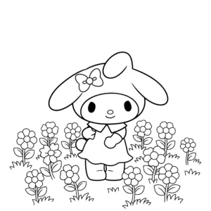 coloriage My Melody dans son jardin fleuri a colorier en ligne gratuitement