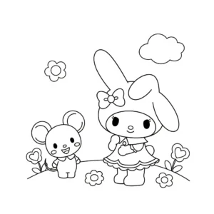 coloriage My Melody et son ami Flat (la souris) gratuit pour enfants