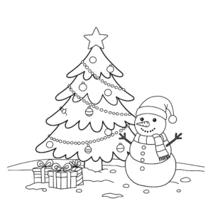 coloriage Sapin de Noël avec un bonhomme de neige a colorier en ligne gratuitement