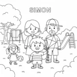 coloriage Simon et sa famille au parc pour enfant de 3 ans