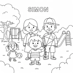 coloriage Simon et sa famille au parc pour enfant de 3 ans