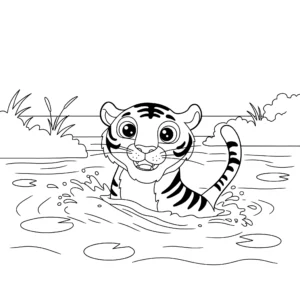 coloriage Tigre nageant dans une rivière a imprimer