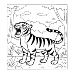 image de coloriage Tigre rugissant dans la jungle pour enfant