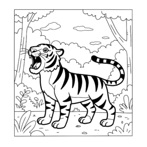 image de coloriage Tigre rugissant dans la jungle pour enfant
