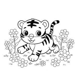coloriage Un bébé tigre joue dans un champ de fleurs pour enfants à télécharger