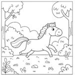coloriage Un cheval drôle courant à travers une forêt avec des arbres et des feuilles autour de lui a imprimer pour enfant de 4 ans