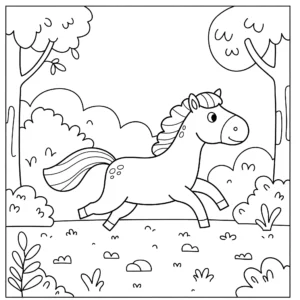 coloriage Un cheval drôle courant à travers une forêt avec des arbres et des feuilles autour de lui a imprimer pour enfant de 4 ans
