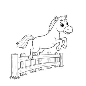 coloriage Un cheval drôle sautant par dessus une clôture en ligne pour enfant
