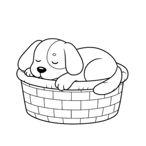 coloriage Un chien qui dort dans un panier gratuit pour enfants