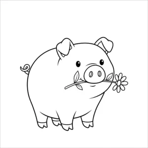 image de coloriage Un cochon avec une fleur pour enfant