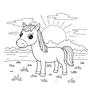 coloriage Un drôle de cheval debout dans un champ regardant le coucher du soleil pour enfant gratuit