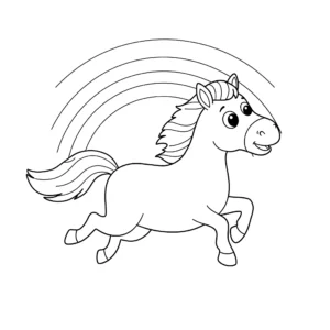 coloriage Un drôle de cheval galopant avec un arc en ciel derrière lui à imprimer pour enfant de 4 ans