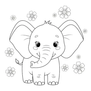 coloriage Un éléphant avec des fleurs pour primaire