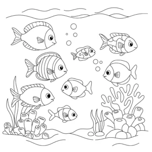 coloriage Un groupe de poissons nageant dans un récif corallien pour enfant de 7 ans