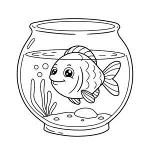 imprimer coloriage Un petit poisson jaune nageant dans un bol pour enfant