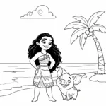 coloriage Vaiana et Pua sur la plage educatif pour enfant