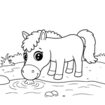 coloriage cheval drôle buvant de l’eau d’une rivière et decoupage a imprimer gratuit