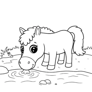 coloriage cheval drôle buvant de l’eau d’une rivière et decoupage a imprimer gratuit