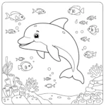 coloriage un grand dauphin amical nageant dans l’océan, entouré de poissons colorés et de récifs coralliens a imprimer gratuit