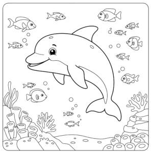 coloriage un grand dauphin amical nageant dans l’océan, entouré de poissons colorés et de récifs coralliens a imprimer gratuit