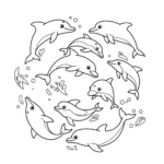 coloriage un groupe de dauphins joueurs sautant et nageant autour pour enfant de 8 ans