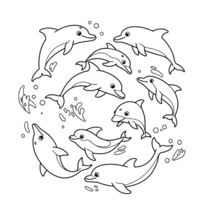 coloriage un groupe de dauphins joueurs sautant et nageant autour pour enfant de 8 ans