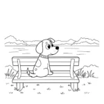 coloriage Un chien assis sur un banc, regardant un lac a dessiner et imprimer