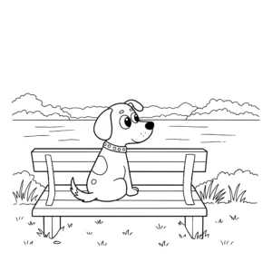 coloriage Un chien assis sur un banc, regardant un lac a dessiner et imprimer
