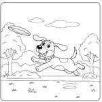 coloriage Un chien joueur qui rapporte un frisbee dans un parc pour enfant de 2 ans