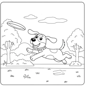 coloriage Un chien joueur qui rapporte un frisbee dans un parc pour enfant de 2 ans