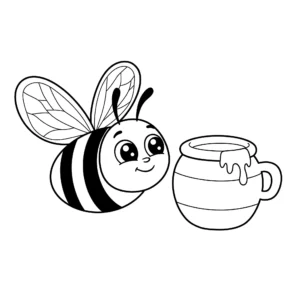 coloriage Abeille avec un pot de miel pour enfant a imprimer gratuit