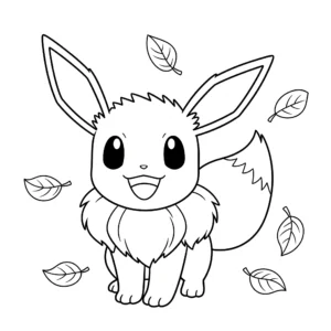 coloriage Évoli souriant avec des feuilles gratuit pour enfants