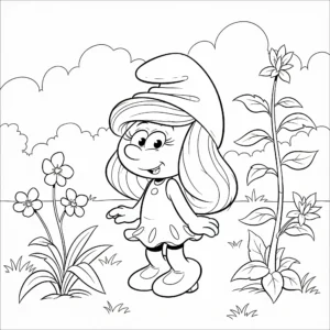 coloriage La Schtroumpfette dans le jardin a imprimer