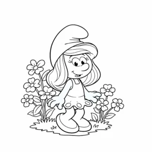 coloriage La Schtroumpfette dans son jardin de fleurs a colorier en ligne
